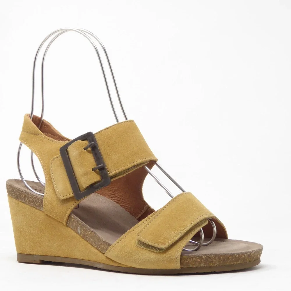 Taos Women High Society Sandals Yellow Suede Wedge Buckle Strap 37 / 6-6.5